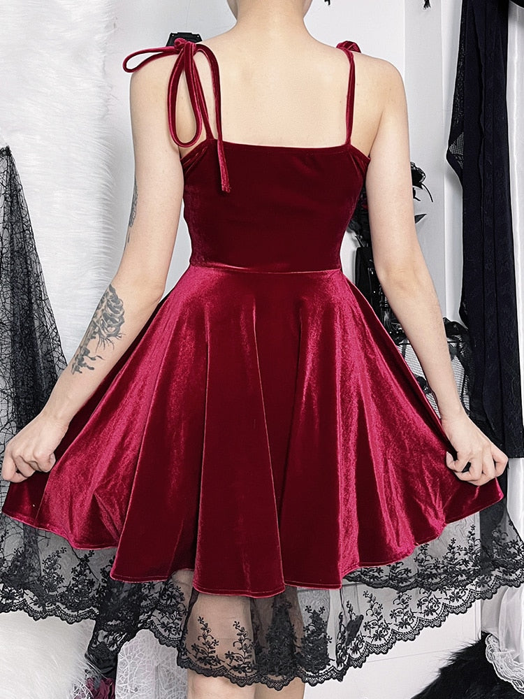 Gothic Fairycore Cross Lace High Waist Velvet Dress