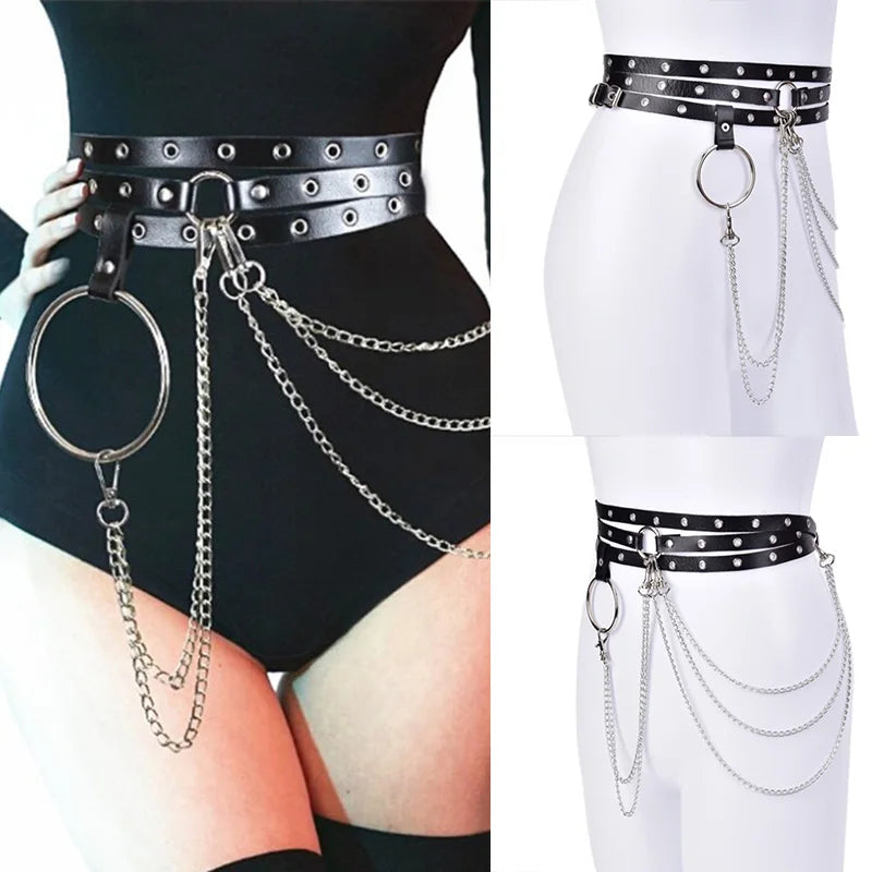 Gothic Faux Leather Multi Strap Chain Belt