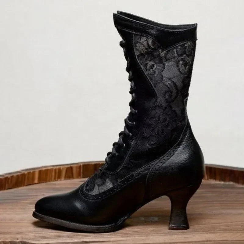 Gothic Victorian Pointed Toe Lace Up Mid-Calf Boots