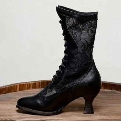 Gothic Victorian Pointed Toe Lace Up Mid-Calf Boots