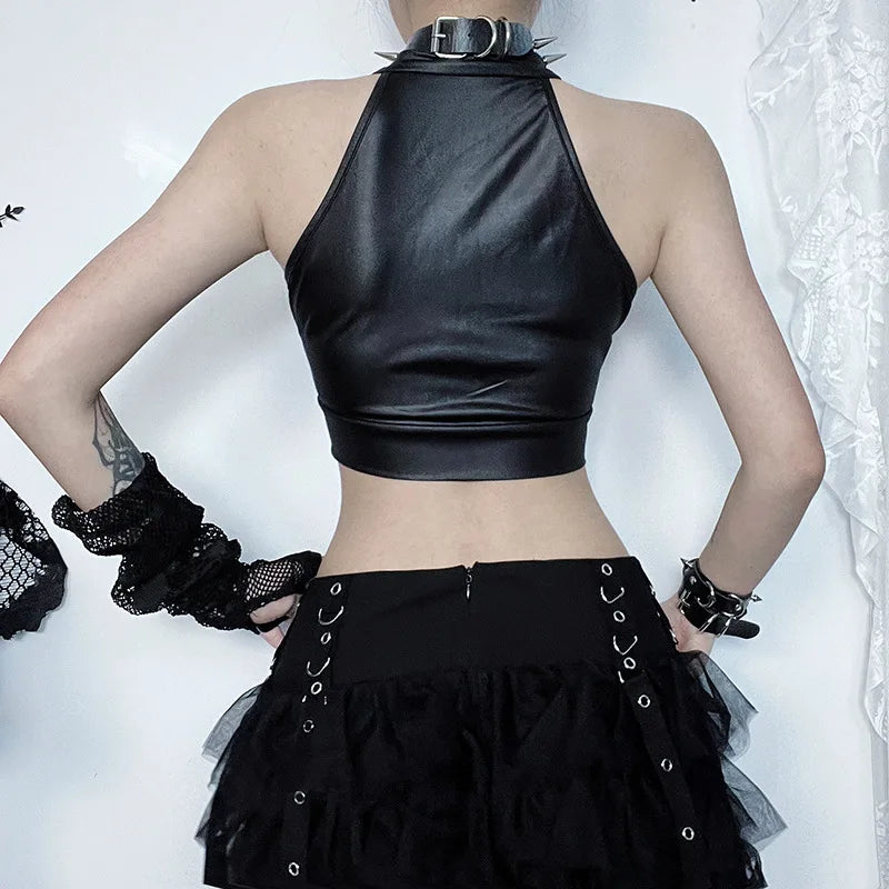 Alt Gothic Lace Up Zip Up Crop Tank Top Vest