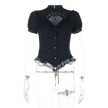 Gothic Moon Cathedral Embroidery Lace Trim Puff Sleeve Top