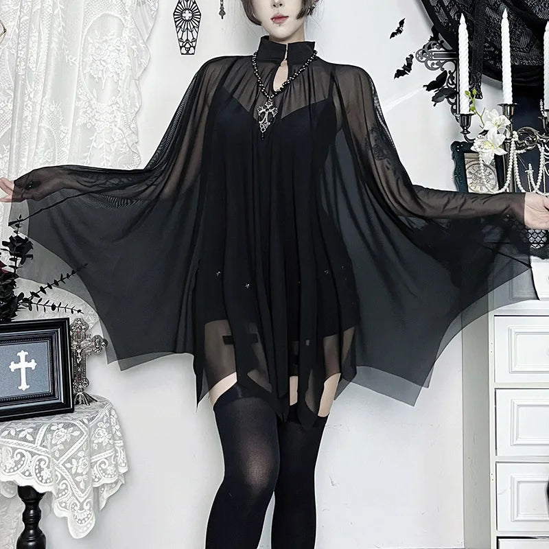 Gothic Alt Goth Black Spaghetti Strap Bodysuit Top + Sheer Cape Set