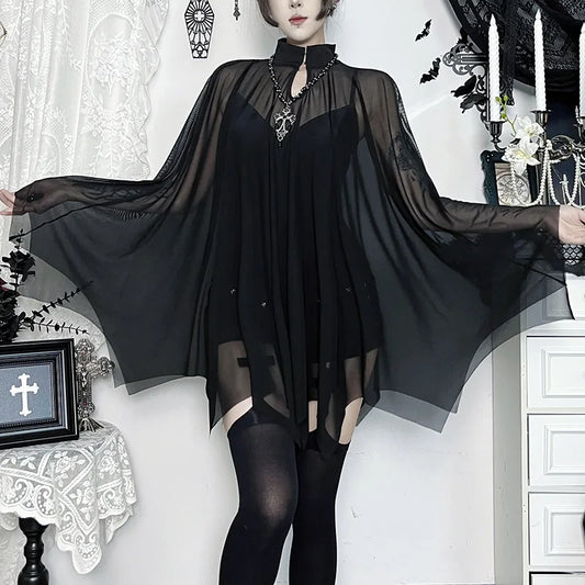 Gothic Alt Goth Black Spaghetti Strap Bodysuit Top + Sheer Cape Set