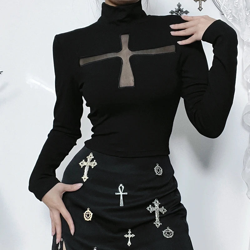 Gothic Cross Cut Out Ribbed Turtle Neck Long Sleeve Top