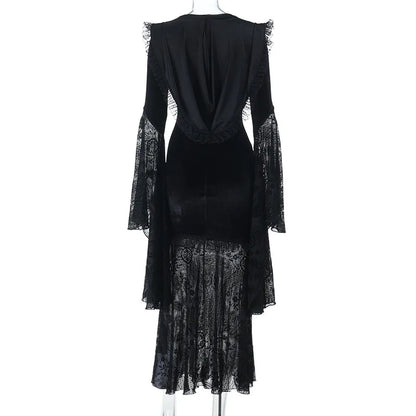 Gothic Romantic Goth Flocking Lace Batwing Sleeve Hooded Long Dress