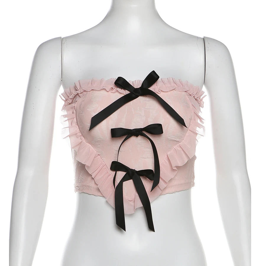 Coquette Pink Frayed Bow Tie Chest Wrapping Vest Top