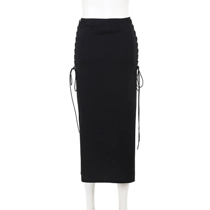 Gothic Y2K 90s Goth Cross Splicing High Slit Midi Skirt