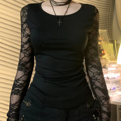 Gothic Alt Goth Lace Sleeves Sheer Back Shirt Top