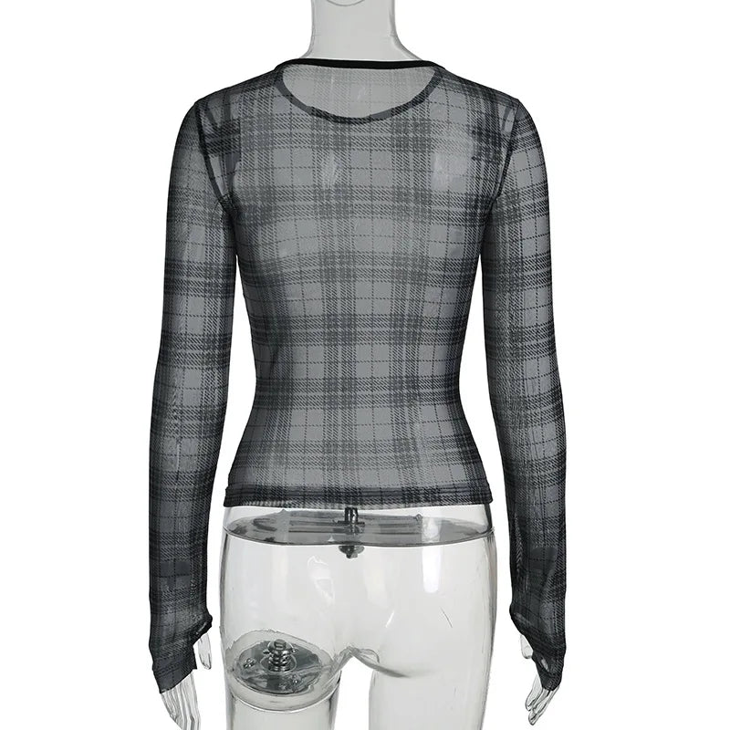 Gothic Alt Grunge Sheer Gray Black Plaid Long Sleeve Top