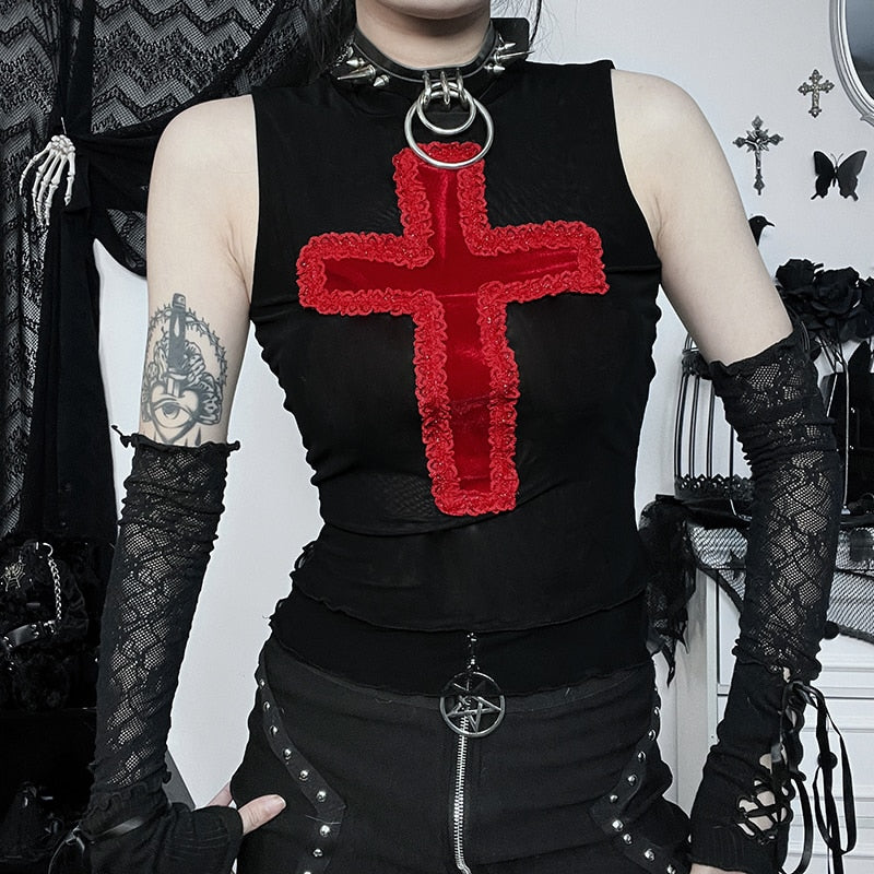 Gothic Cross Embroidery Lace Sleeveless Top