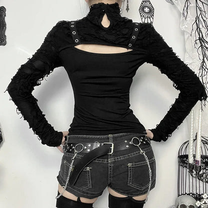 Gothic Alt Y2K Goth Buckle Straps Deconstructed Keyhole Long Sleeve Top