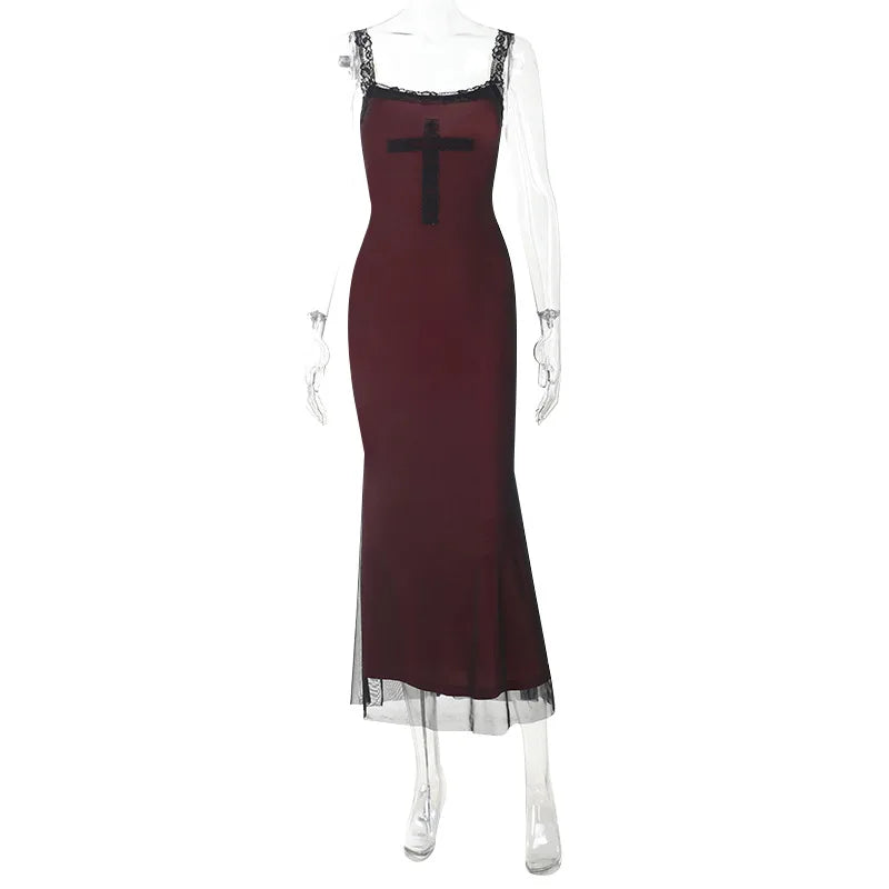 Gothic Alt Goth Cross Pattern Lace Strap Red Bodycon Dress