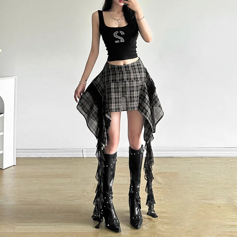 Alt Gothic Y2K Plaid Irregular Design Mini Skirt