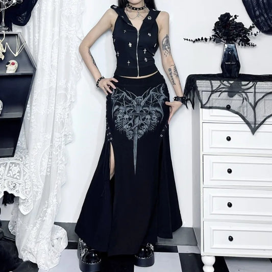 Alt Gothic Bat Skulls Print Lace Up Sides Long Skirt