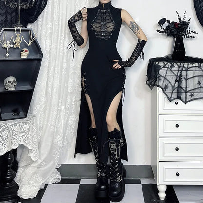 Alt Gothic Sheer Lace Up Side Slit Turtle Neck Long Dress