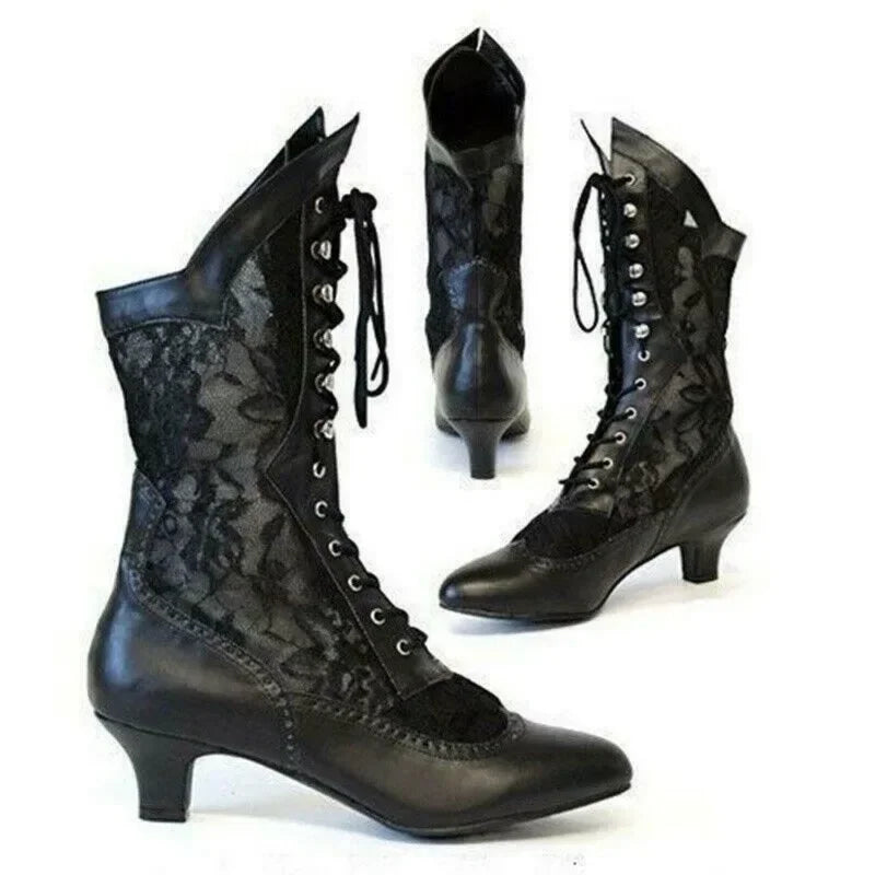 Gothic Victorian Pointed Toe Lace Up Mid-Calf Boots