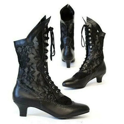 Gothic Victorian Pointed Toe Lace Up Mid-Calf Boots