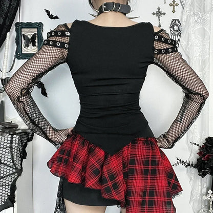 Gothic Alt Goth Punk Fishnet Sleeves Grommet Strap Patchwork Printed Top