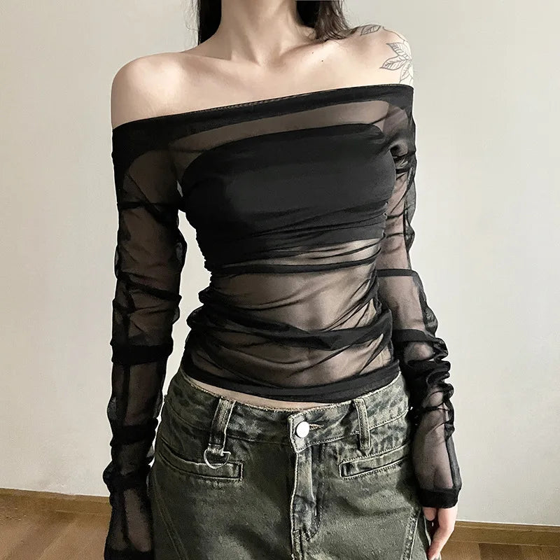Gothic Alt Goth Off Shoulder Sheer Mesh Long Sleeve and Inner Tube Top Set