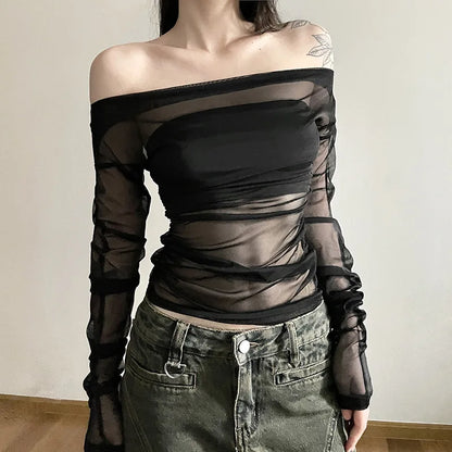Gothic Alt Goth Off Shoulder Sheer Mesh Long Sleeve and Inner Tube Top Set