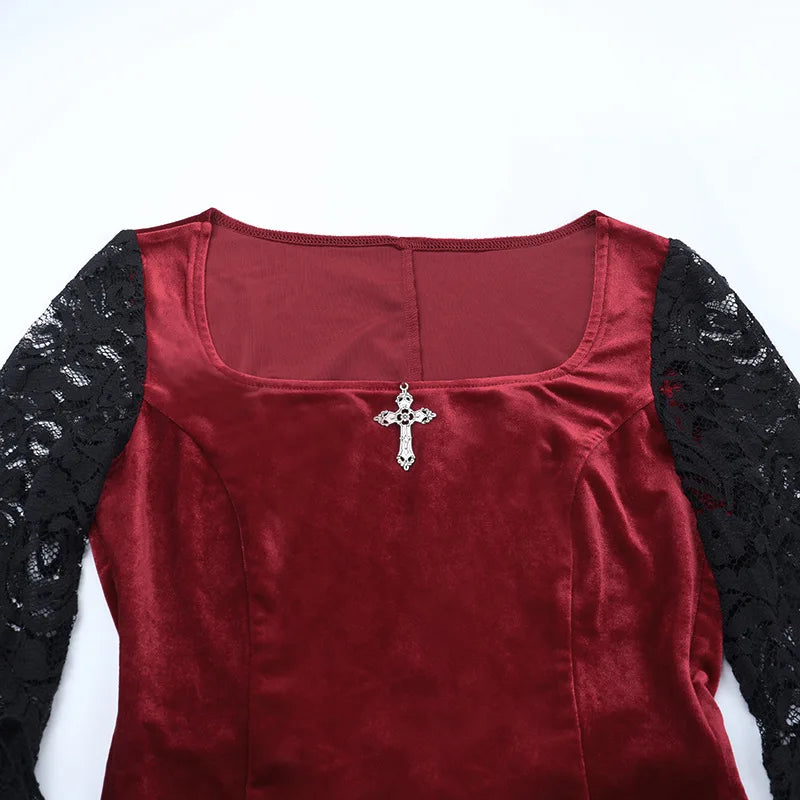 Gothic Romantic Vampire 90s Goth Black Lace Patchwork Red Velvet Double High Slit Long Bodycon Dress