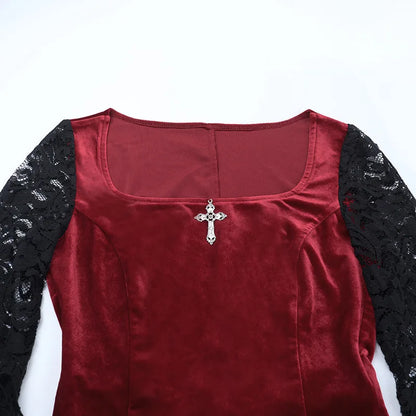 Gothic Romantic Vampire 90s Goth Black Lace Patchwork Red Velvet Double High Slit Long Bodycon Dress