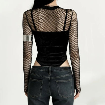 Gothic Y2K Alt Goth Cross Embroidered Fishnet Bodysuit Top
