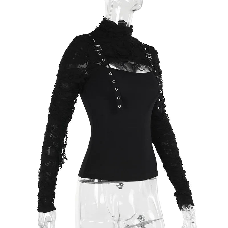 Gothic Alt Y2K Goth Buckle Straps Deconstructed Keyhole Long Sleeve Top