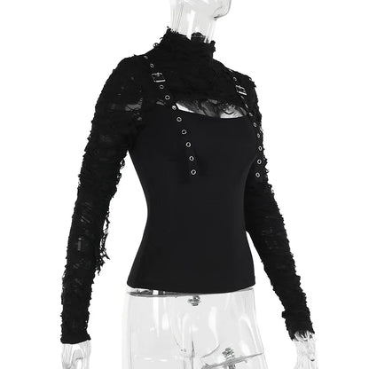 Gothic Alt Y2K Goth Buckle Straps Deconstructed Keyhole Long Sleeve Top