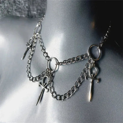 Gothic Triple Ankh Chain Choker Necklace