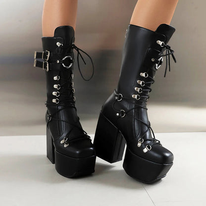 Gothic Alt Goth Lace Up Double Buckles Square Toe Platform Boots