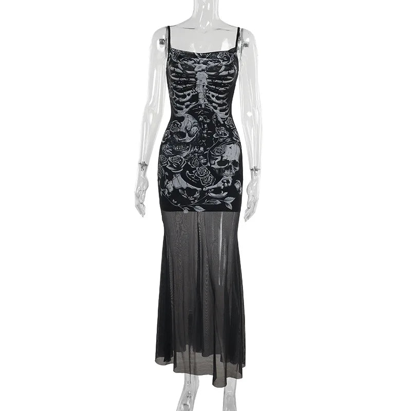 Gothic Y2K Skull Print Spaghetti Strap Mesh Patchwork Long Dress ROCK 'N DOLL Gothic Y2K Skull Print Spaghetti Strap Mesh Patchwork Long Dress ROCK 'N DOLL