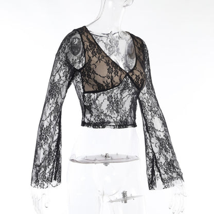 Gothic Fairycore Lace V Neck Flared Long Sleeve Top
