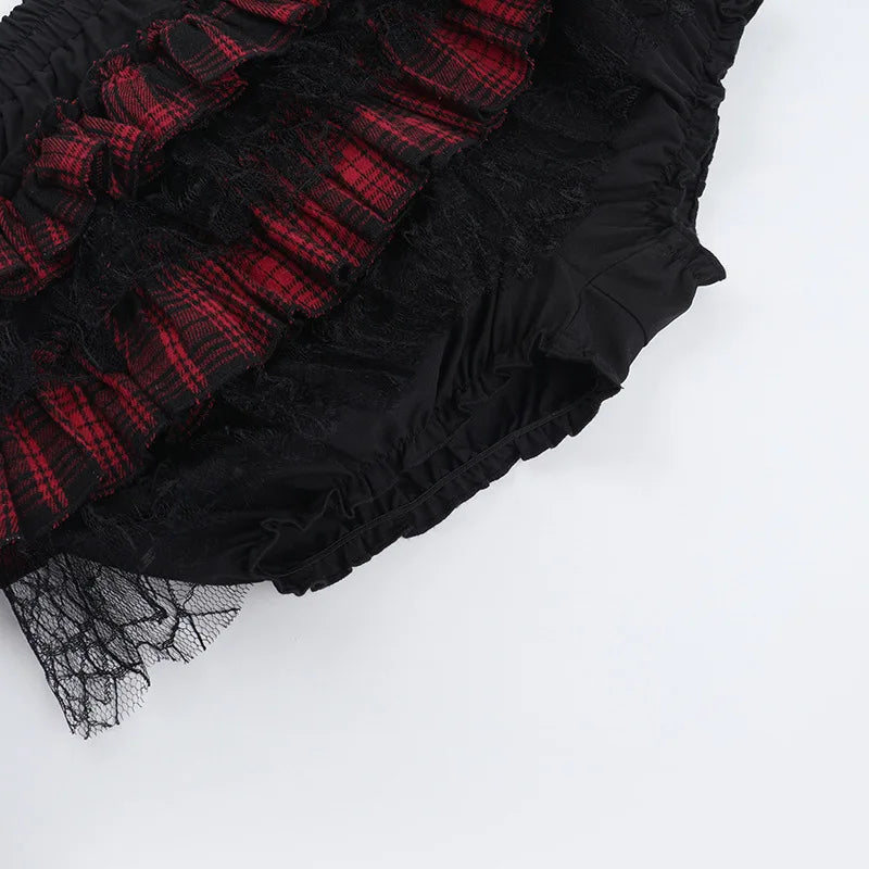 Gothic Harajuku Red Plaid Black Lace Patchwork Bloomers Shorts