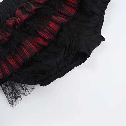 Gothic Harajuku Red Plaid Black Lace Patchwork Bloomers Shorts