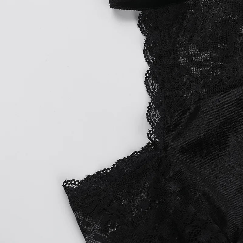 Gothic Alt Goth Cold Shoulder Bell Lace Sleeves Halter Mini Dress