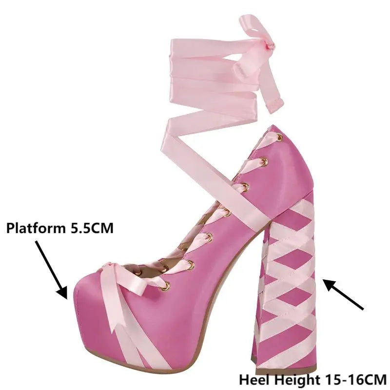 Gothic Lolita Harajuku Bow Ribbon Lace-up Ballet Pumps Platform Heels Shoes (available in 12 colors)