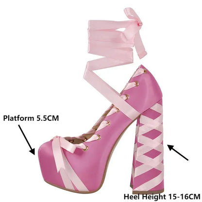 Gothic Lolita Harajuku Bow Ribbon Lace-up Ballet Pumps Platform Heels Shoes (available in 12 colors)