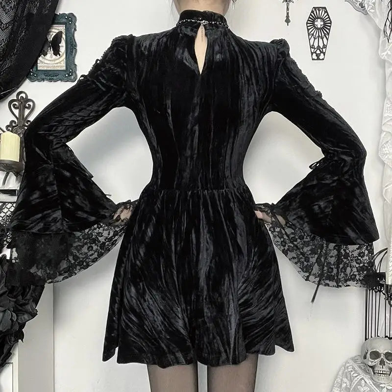 Gothic Alt Goth Vintage Cross Lace Patchwork Bell Sleeves Mini Dress