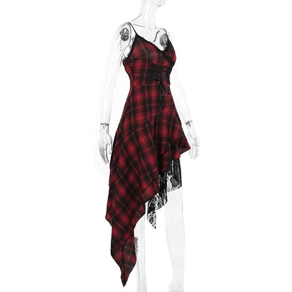 Gothic 90s Goth Red Plaid Lace Patchwork Irregular Hem Dress