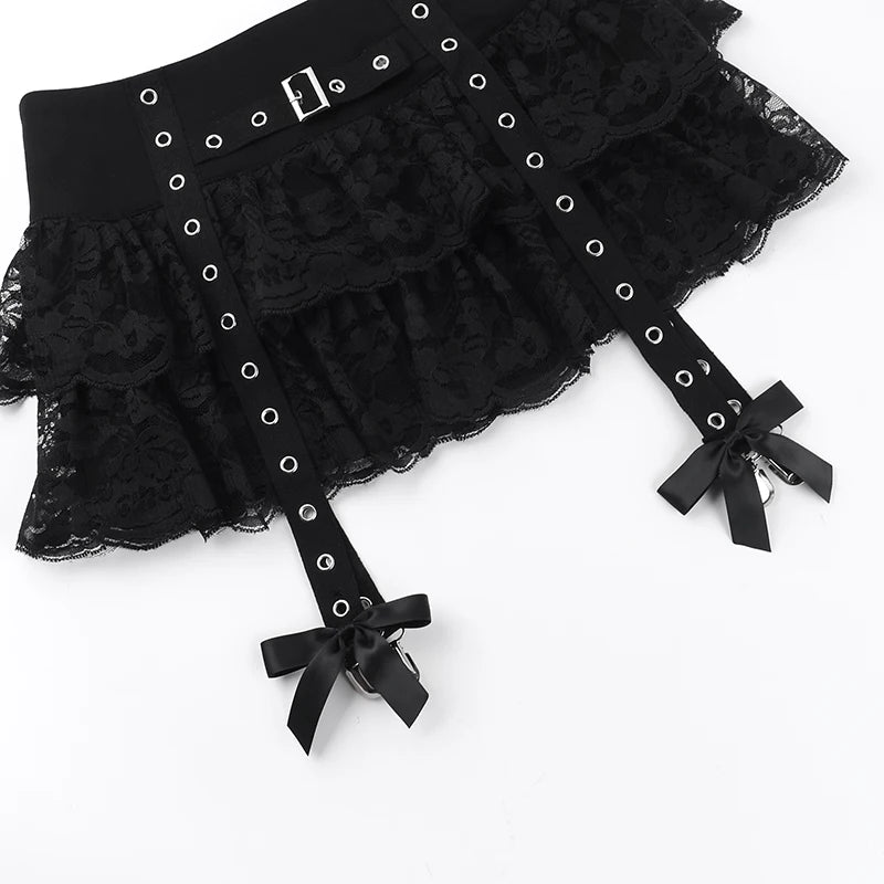 Gothic Alt Grommet Straps Ruffle Lace Mini Skirt