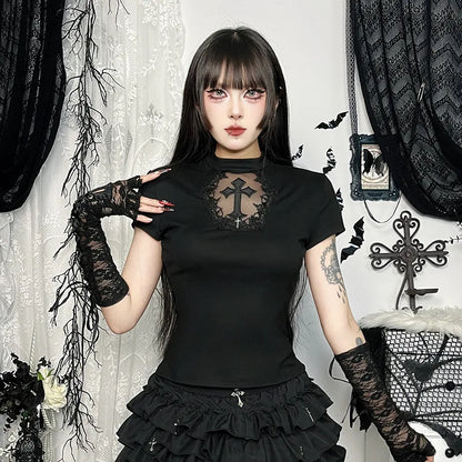 Gothic Alt Goth Vintage Cross Lace Patchwork Short Sleeve Top