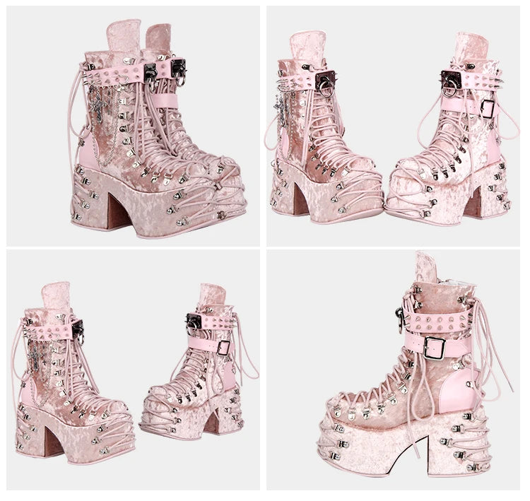 Gothic Dark Kawaii Harajuku Y2K Alt Goth Punk Lolita Laces Studs Pink Platform Boots