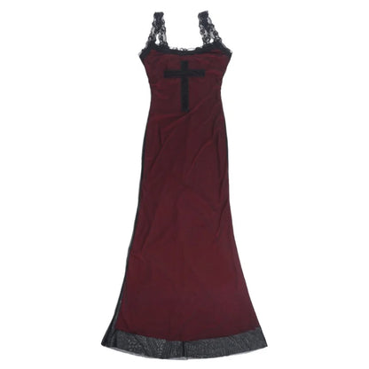 Gothic Alt Goth Cross Pattern Lace Strap Red Bodycon Dress