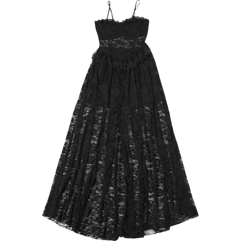 Gothic Lace Jacquard Patchwork Summer Spaghetti Strap Long Dress