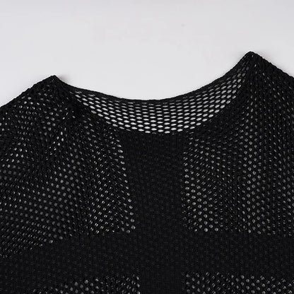 Gothic Y2K Alt Goth Punk Fishnet Mesh Cross Patchwork Long Sleeve Cover Up Top