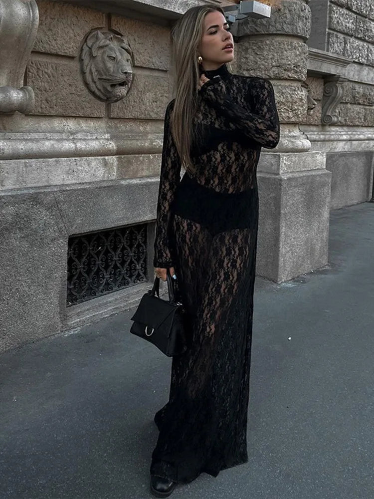 Gothic Dark Feminine Mesh Lace See Through Bodycon Long Dress