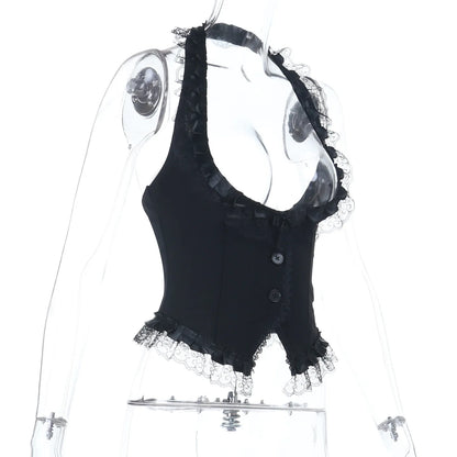 Gothic Alt Goth Halter Lace Trim Corset Waist Coat Top
