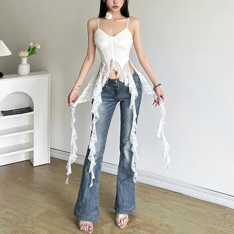 Gothic Y2K Alt Goth Irregular Lace Ruffled Tank Top (available in 2 colors)